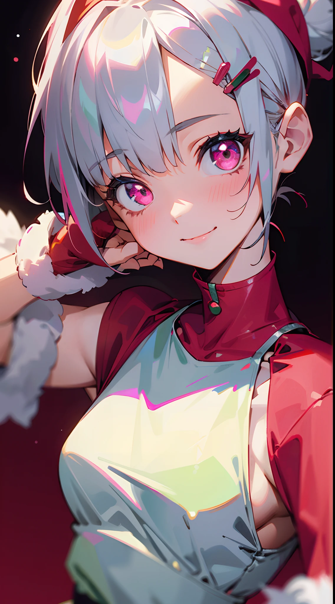 1girl in、Short hair with silver bob styled in a bun with hair clip, Pink eyes、small tits、A smile、Laugh、Christmas、Dressed in Santa Claus costume、Colors based on red and green