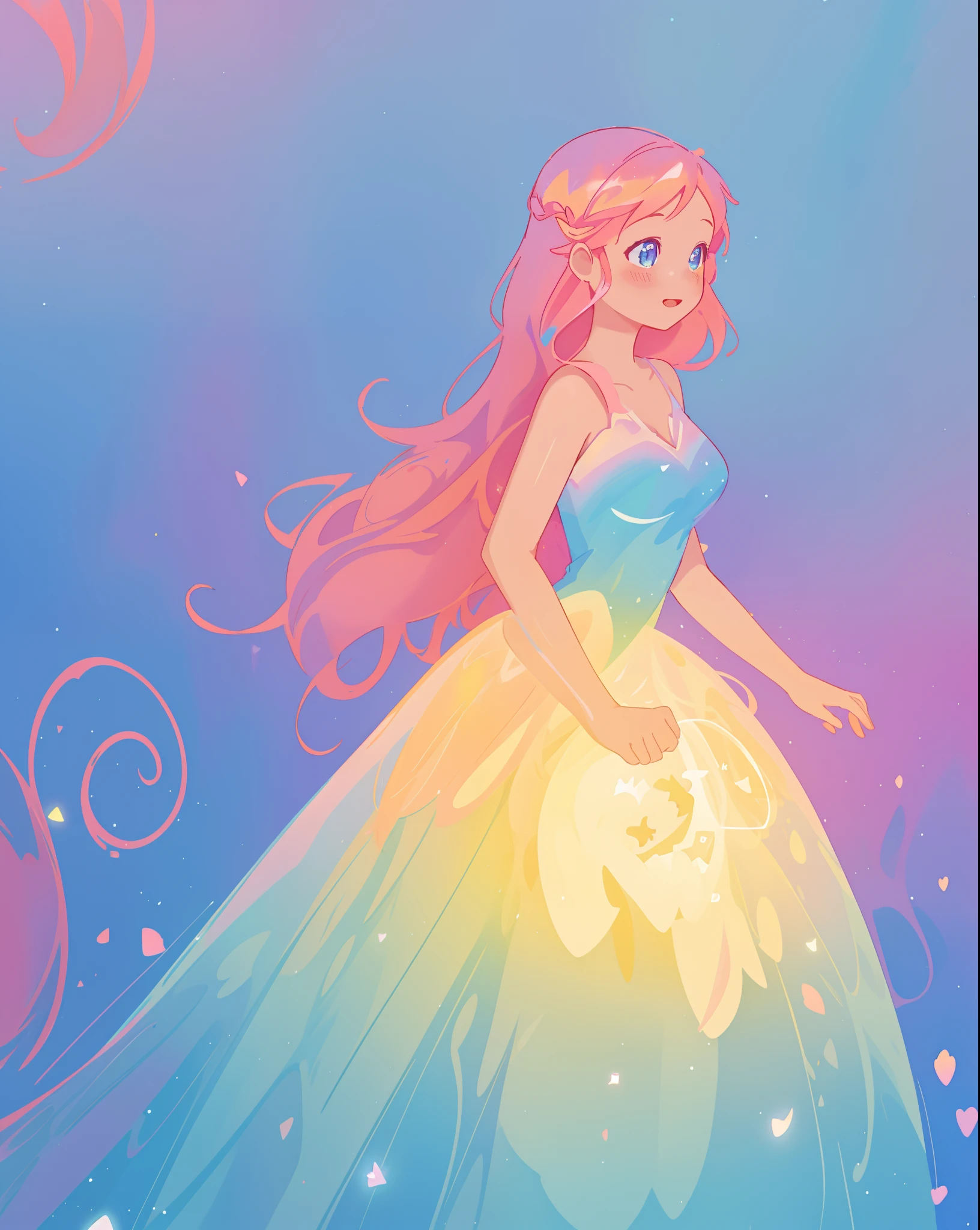 beautiful girl in sparkling gradient ballgown, long wavy peach pink hair, vibrant pastel colors, (colorful), colorful watercolor background, ethereal, magical lights, sparkling liquid light, inspired by Glen Keane, inspired by Lois van Baarle, disney art style, by Lois van Baarle, glowing aura around her, by Glen Keane, jen bartel, glowing lights! digital painting, flowing glowing hair, glowing flowing hair, beautiful digital illustration, fantasia background, whimsical, magical, fantasy, beautiful face, ((masterpiece, best quality)), intricate details, highly detailed, sharp focus, 8k resolution, sparkling detailed eyes, liquid watercolor