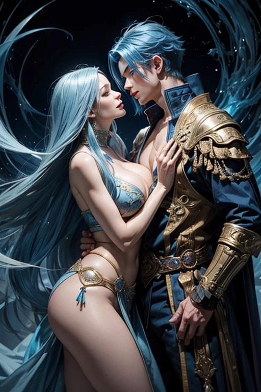 a very handsome androgynous man(woman face) with long blue hair wizard clothes refined kissing a very pretty woman with blue hair with big boobs and large hips