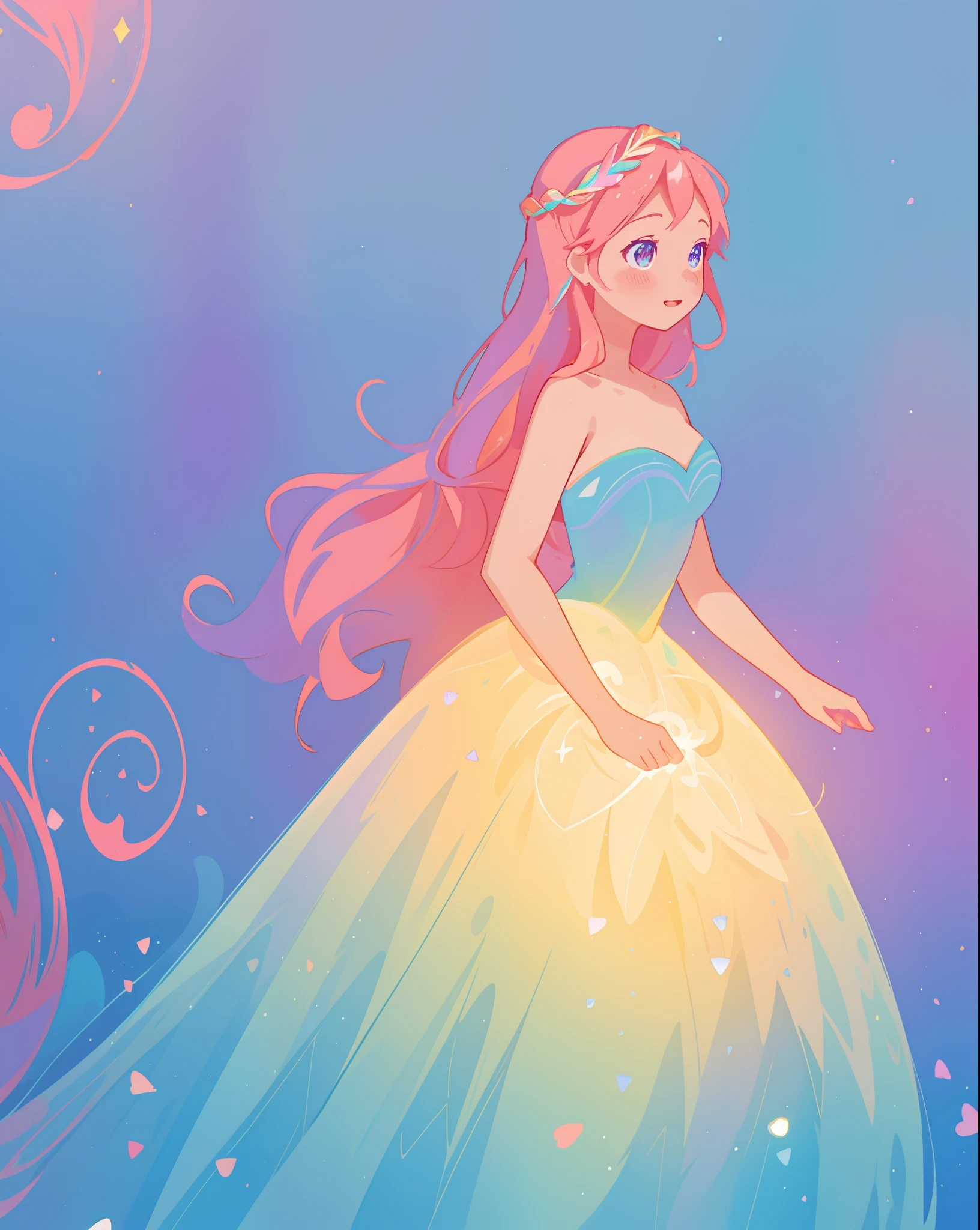 beautiful girl in sparkling gradient ballgown, long wavy peach pink hair, vibrant pastel colors, (colorful), colorful watercolor background, ethereal, magical lights, sparkling liquid light, inspired by Glen Keane, inspired by Lois van Baarle, disney art style, by Lois van Baarle, glowing aura around her, by Glen Keane, jen bartel, glowing lights! digital painting, flowing glowing hair, glowing flowing hair, beautiful digital illustration, fantasia background, whimsical, magical, fantasy, beautiful face, ((masterpiece, best quality)), intricate details, highly detailed, sharp focus, 8k resolution, sparkling detailed eyes, liquid watercolor