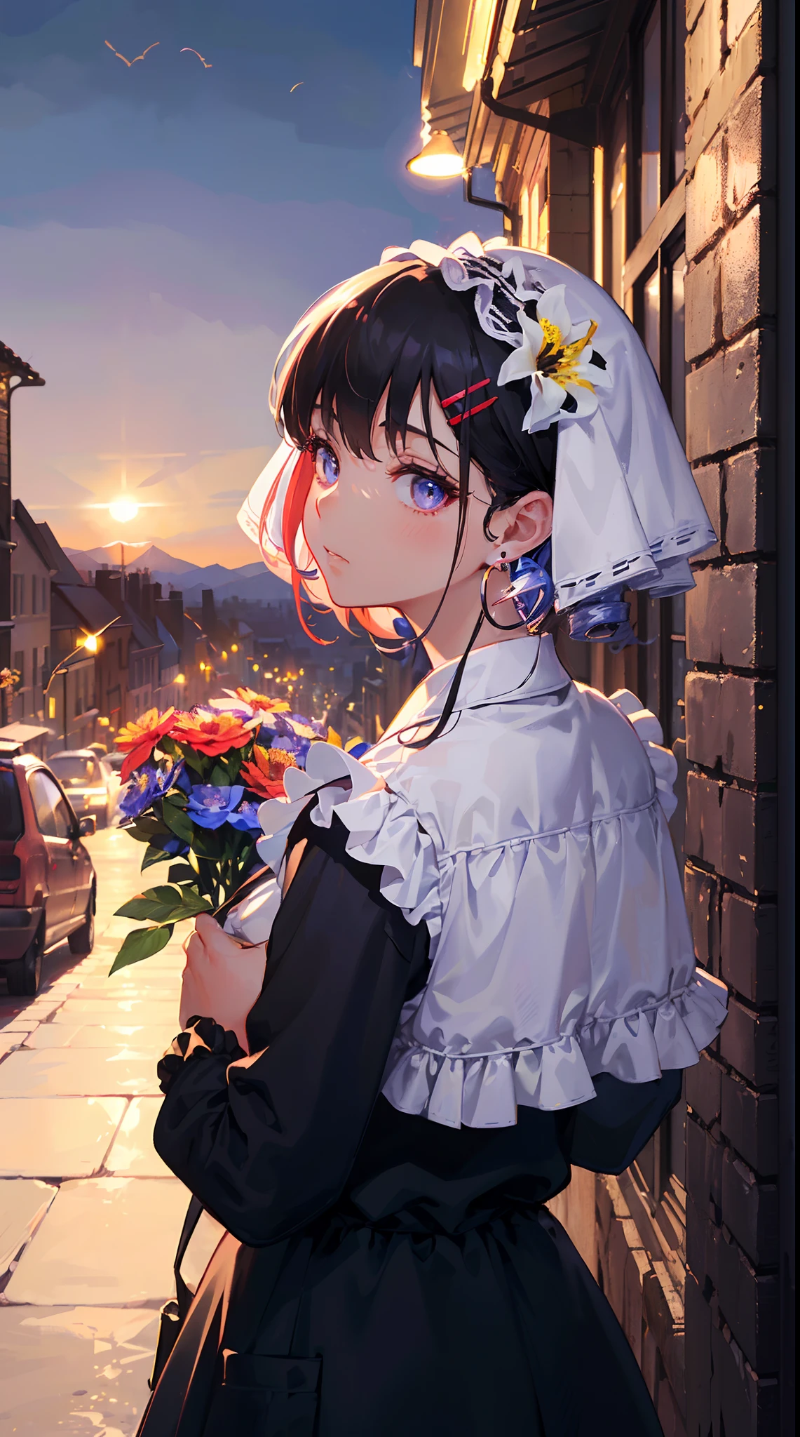 ((((carrying flower on back,))))((hands in pockets,))(Masterpiece illustration,Beautiful and aesthetic:1.2,aim to viewers), Best quality,Top quality, Epic quality,((((streets,valley,outdoor,))))(moonlight,moon glare, god light,at night,upper upper shot,focus on face,))Neat face,underage,mature,Beautiful detailed hair,black hair,hyper HD, retinas, Textured skin, A high resolution, 16k ,((hairclip,steep bangs,sidelocks,short hair,Large bow on hair)),Detailed face, 1JK, lady,Solo, Perfect face, Very amazing girl,((,puffs sleeves,red streaked black t-shirt,frills,lolita dress,metal earrings,spiral drill earrings)),rim-light