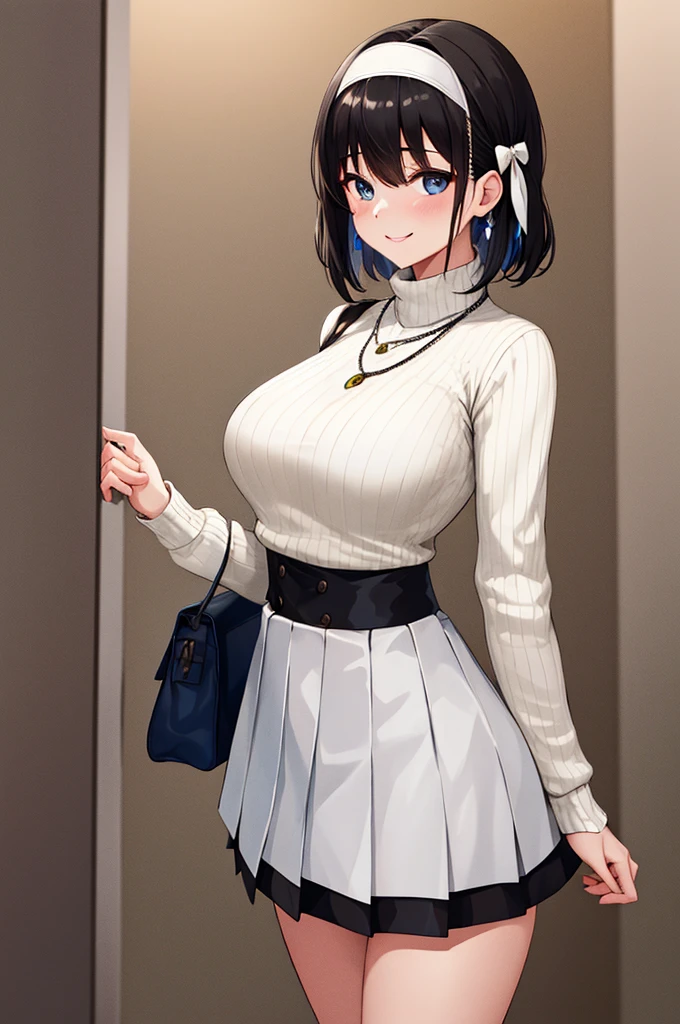 masterpiece, best quality, highres, 1girl, solo, jewelry, skirt, sweater, necklace, black skirt, black hair, short hair, ribbed sweater, socks, turtleneck sweater, turtleneck, white socks, blue eyes, long sleeves, pleated skirt, ribbon, breasts, bow, hair ribbon, hairband, hair bow, bangs, large breasts, sarashina ruka, , cowboy shot, smile,