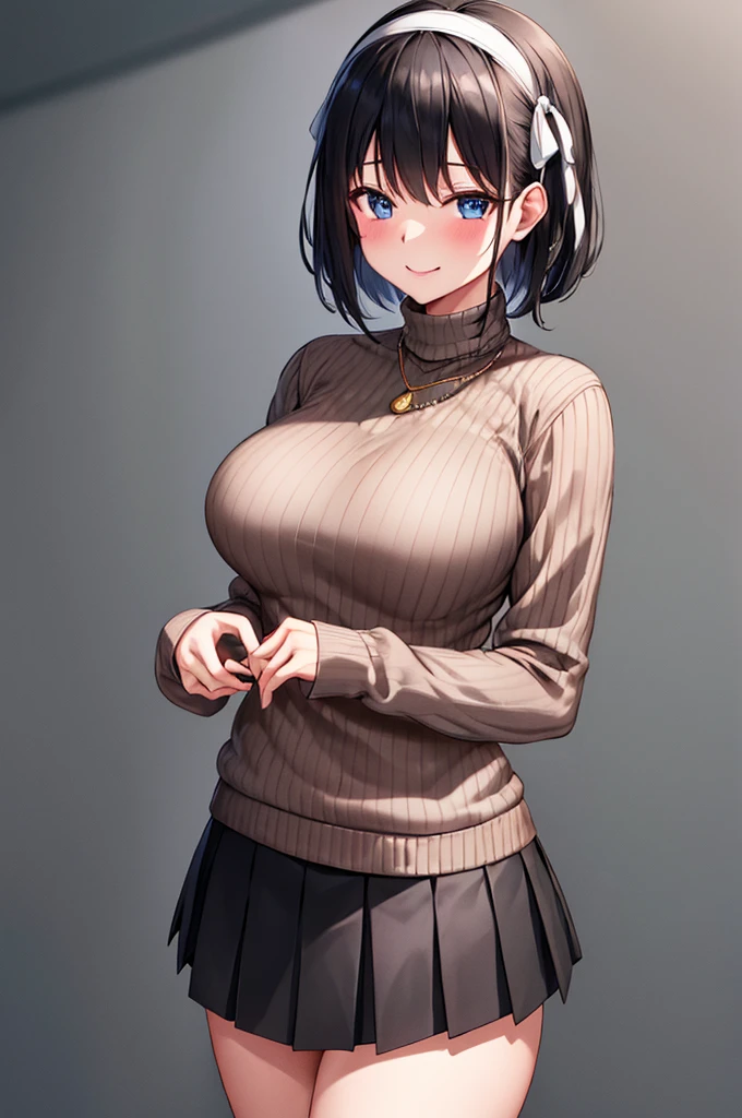 masterpiece, best quality, highres, 1girl, solo, jewelry, skirt, sweater, necklace, black skirt, black hair, short hair, ribbed sweater, socks, turtleneck sweater, turtleneck, white socks, blue eyes, long sleeves, pleated skirt, ribbon, breasts, bow, hair ribbon, hairband, hair bow, bangs, large breasts, sarashina ruka, , cowboy shot, smile,