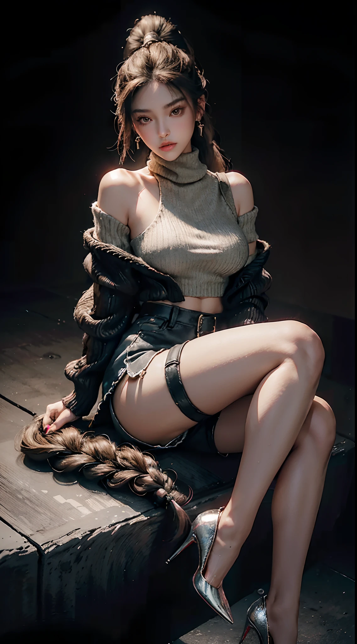 (wearing High-neck drop-shoulder oversized sweater, ultra short pants, bared legs, Stiletto heel studded pumps,:1.3), (Long Braided Ponytail hair:1.3), Extremely cute human eighteen year old girl, bare legs, very beautiful and feminine, short, petite, beautiful breast, small, busty buttocks, large bust, large breast, bare legs, bare legs, cleavage display, flat belly display, detailed eyes, detailed nose, super detailed on face, partial accessory with earring on the ear, very stylish, award-winning product design, tights, bare legs, Shiny breast top opens at the cleavage and abdomen, stylish, glowing trims, atmospheric perspective, 8k, super detail, Accurate, best quality,