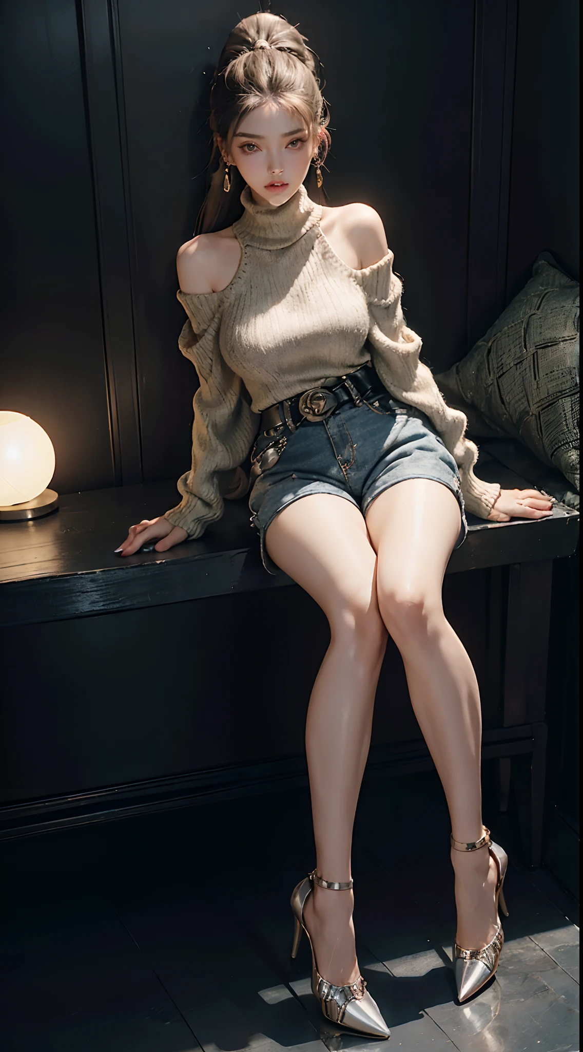 (wearing High-neck drop-shoulder oversized sweater, ultra short pants, bared legs, Stiletto heel studded pumps,:1.3), (Long Braided Ponytail hair:1.3), Extremely cute human eighteen girl, bare legs, very beautiful and feminine, short, petite, beautiful breast, small, busty buttocks, large bust, large breast, bare legs, bare legs, cleavage display, flat belly display, detailed eyes, detailed nose, super detailed on face, partial accessory with earring on the ear, very stylish, award-winning product design, tights, bare legs, Shiny breast top opens at the cleavage and abdomen, stylish, glowing trims, atmospheric perspective, 8k, super detail, Accurate, best quality,