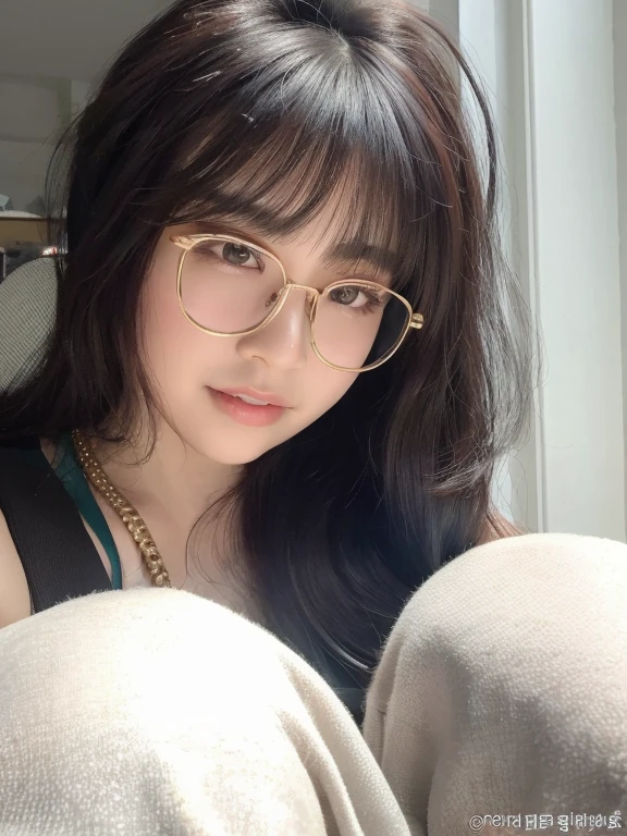 A closeup of a woman wearing glasses and a necklace, Ulzzang, With eye Glasses, com franja, Ela tem cabelo preto com franja, Jinyoung Canela, com franja completa, franja fofa, wearing thin large round glasses, wearing small round glasses, franja de cortina, thick glasses, Jaeyeon Nam, Heonhwa Choe, Retrato de Jossi de Blackpink