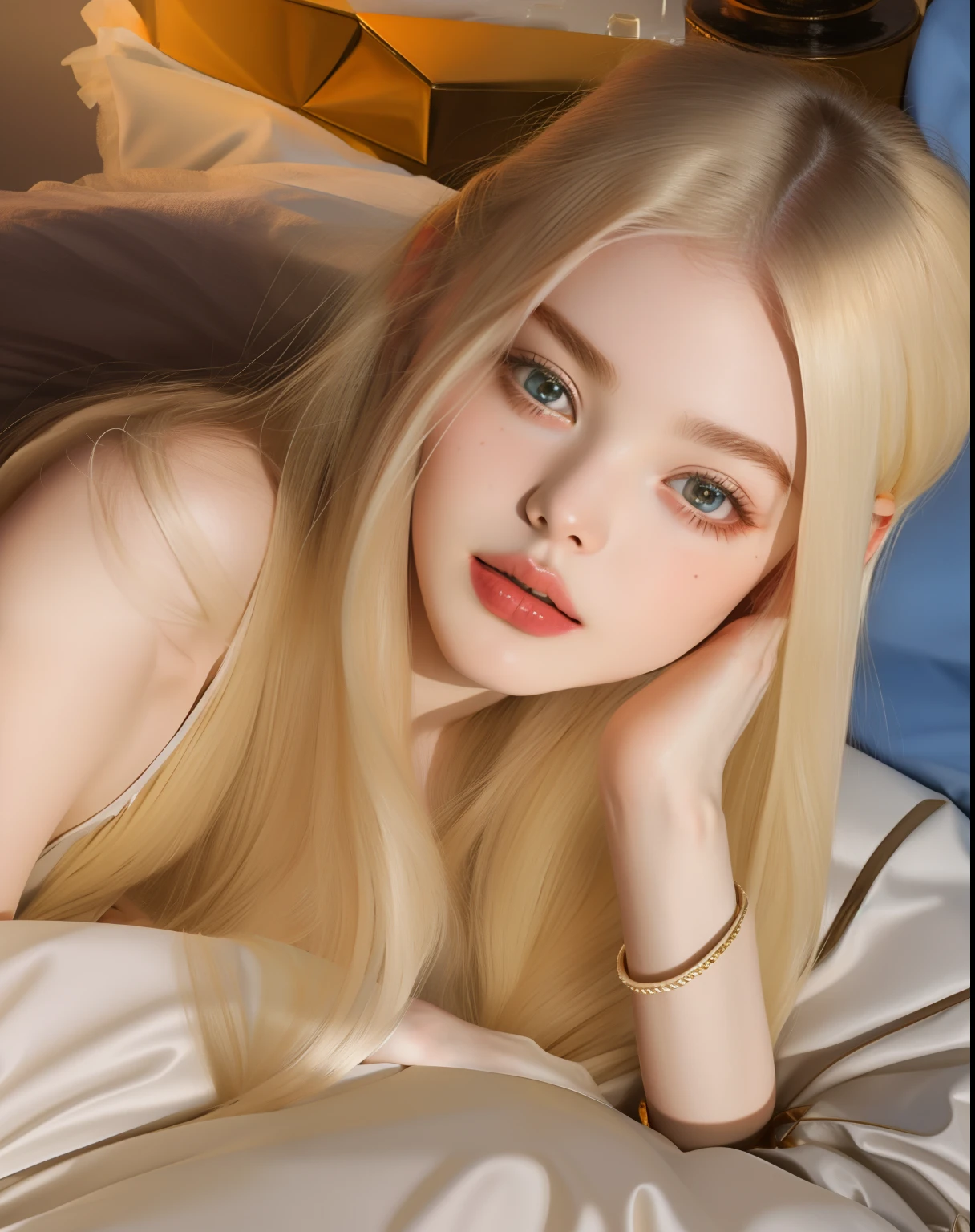 Blonde woman lying on bed with hand on chin, Elle Fanning), Elle Fanning, soft pale golden skin, longos cabelos loiros e olhos grandes, longos cabelos loiros e olhos grandes, Elle Fanning at night, pale fair skin!!, soft flawless pale skin, pale glowing skin, Retrato de Elle Fanning, Elle Fanning como um androide, soft pale white skin