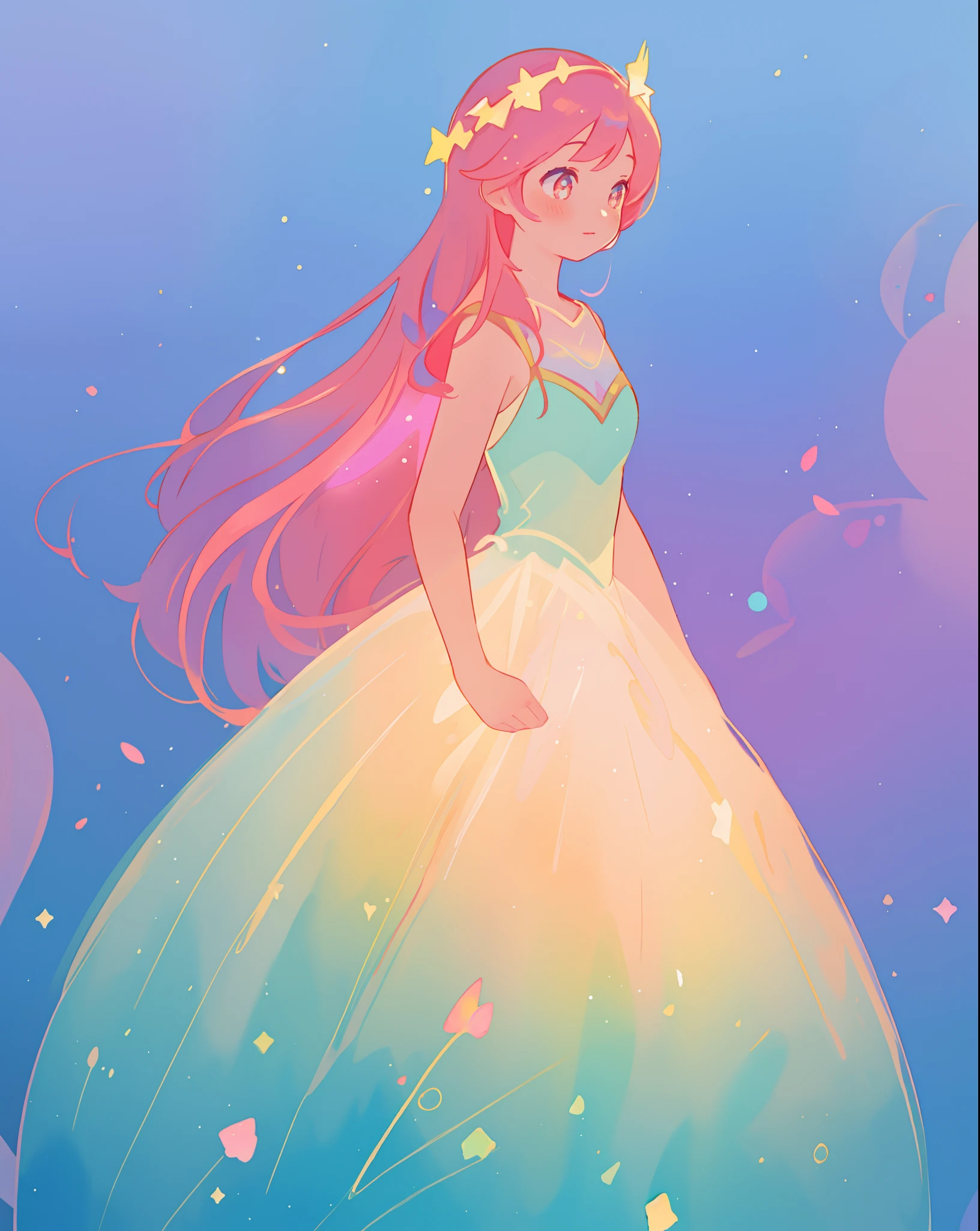 beautiful girl in sparkling gradient ballgown, long wavy peach pink hair, vibrant pastel colors, (colorful), colorful watercolor background, ethereal, magical lights, sparkling liquid light, inspired by Glen Keane, inspired by Lois van Baarle, disney art style, by Lois van Baarle, glowing aura around her, by Glen Keane, jen bartel, glowing lights! digital painting, flowing glowing hair, glowing flowing hair, beautiful digital illustration, fantasia background, whimsical, magical, fantasy, beautiful face, ((masterpiece, best quality)), intricate details, highly detailed, sharp focus, 8k resolution, sparkling detailed eyes, liquid watercolor