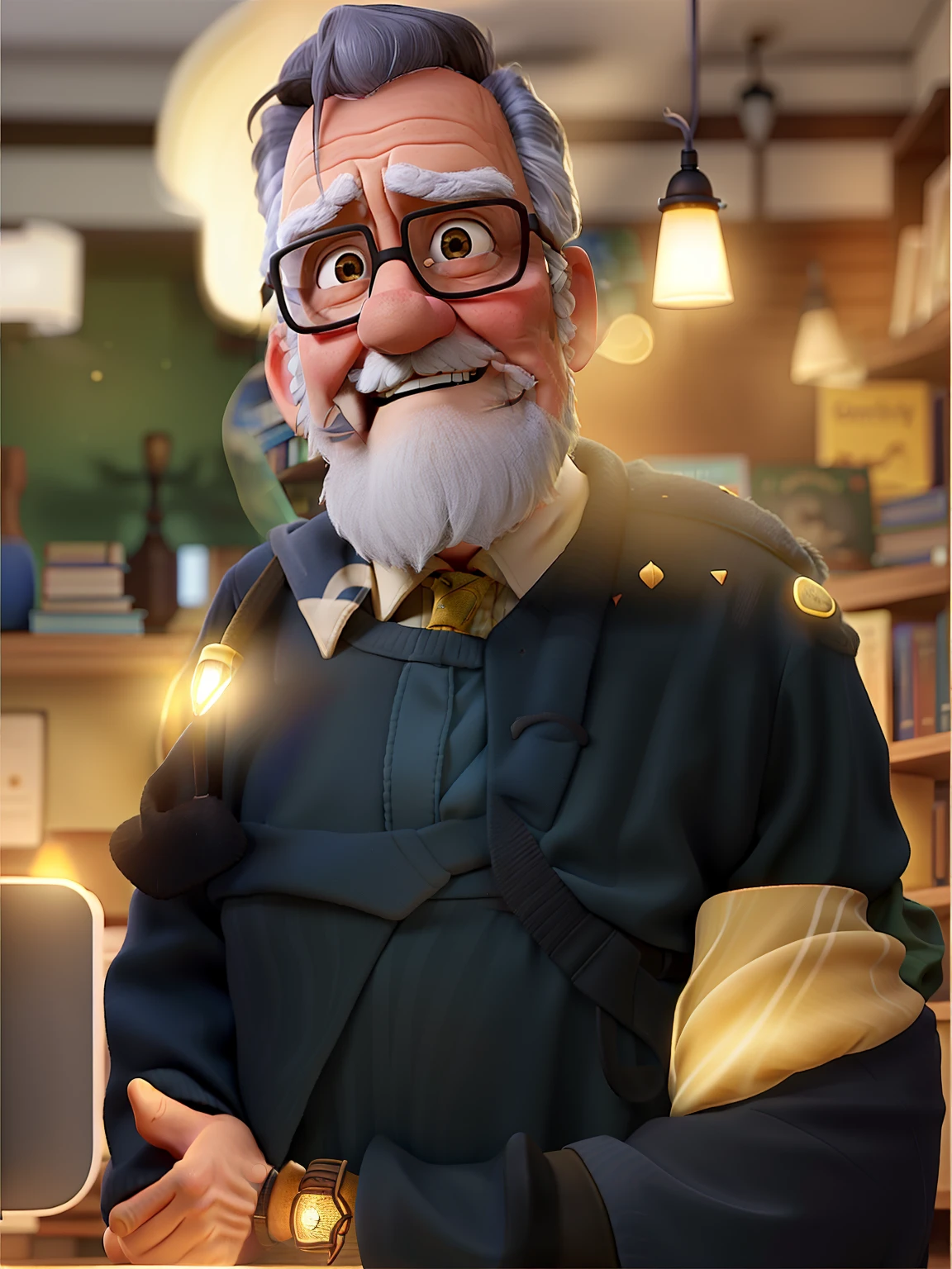 A wise old man standing in front, illuminated by the light of a lamp, against the backdrop of a library