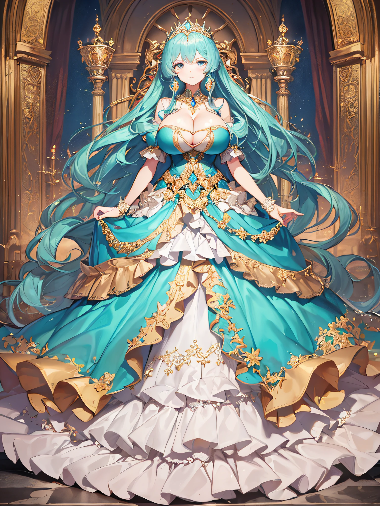 anime artstyle,Masterpiece,(Best Quality), (Super Detail),(Very Delicate and Beautiful),(Solo),((full body portrait)),full body,full body portrait,(detailed face and eyes),jewel-like beautiful eyes,((1 princess in a beautiful embroidery and jeweled rococo princess ballgown with voluminous full length hoop skirt)),((fantasy castle,outdoors,outside the castle)),((Crinoline,Long Train)),super detailed gorgeous princess ballgown with voluminous full length hoop skirt,jeweled Gorgeous rococo princess ballgown with long train,jeweled Gorgeous rococo princess ballgown with long train,gorgeous rococo princess ballgown with beautiful embroidery and jeweled,((large amount of straight hair,extremely voluminous Very Long straight Hair,Absolutely Long Straight Hair)),(((very gigantic boobs,cleavage))),long_gloves,extremely gorgeousfull hair ornament,bling-bling extremely gorgeousfull jeweled tiara,luxurious jewelry,full body portrait