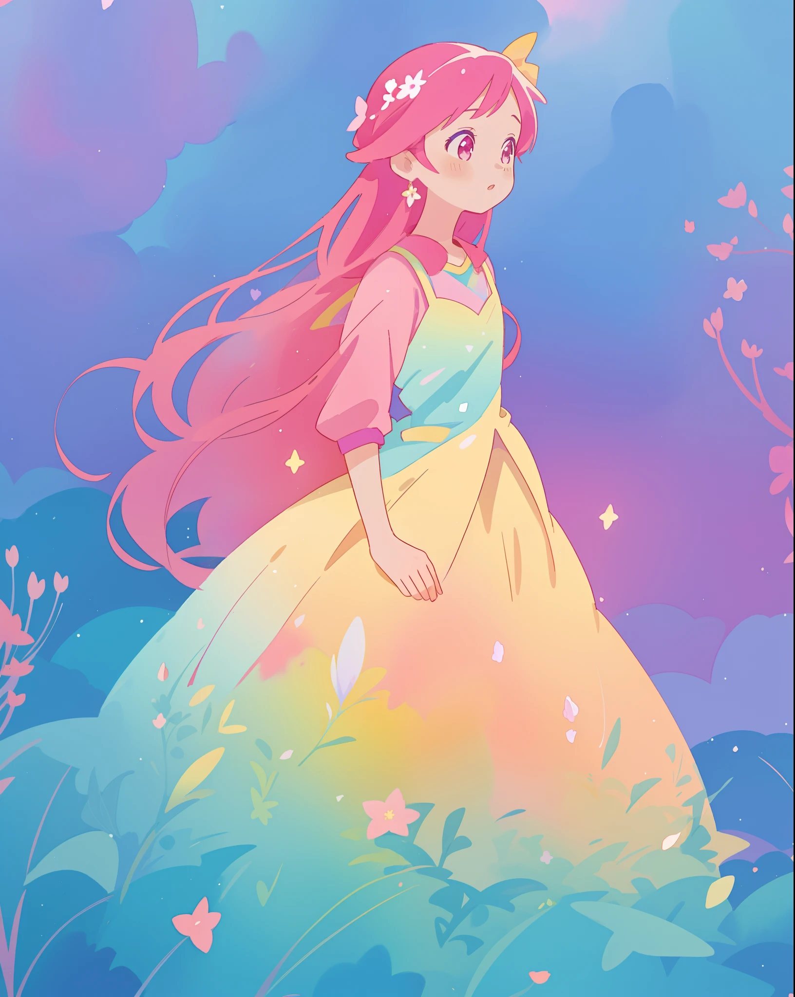 beautiful girl in colorful gradient puffy ballgown, long flowing dark pink hair, colorful fantasia background, sparkling, watercolor illustration, disney art style, beautiful digital illustration, fantasia otherworldly landscape plants flowers, beautiful, masterpiece, best quality, anime disney style