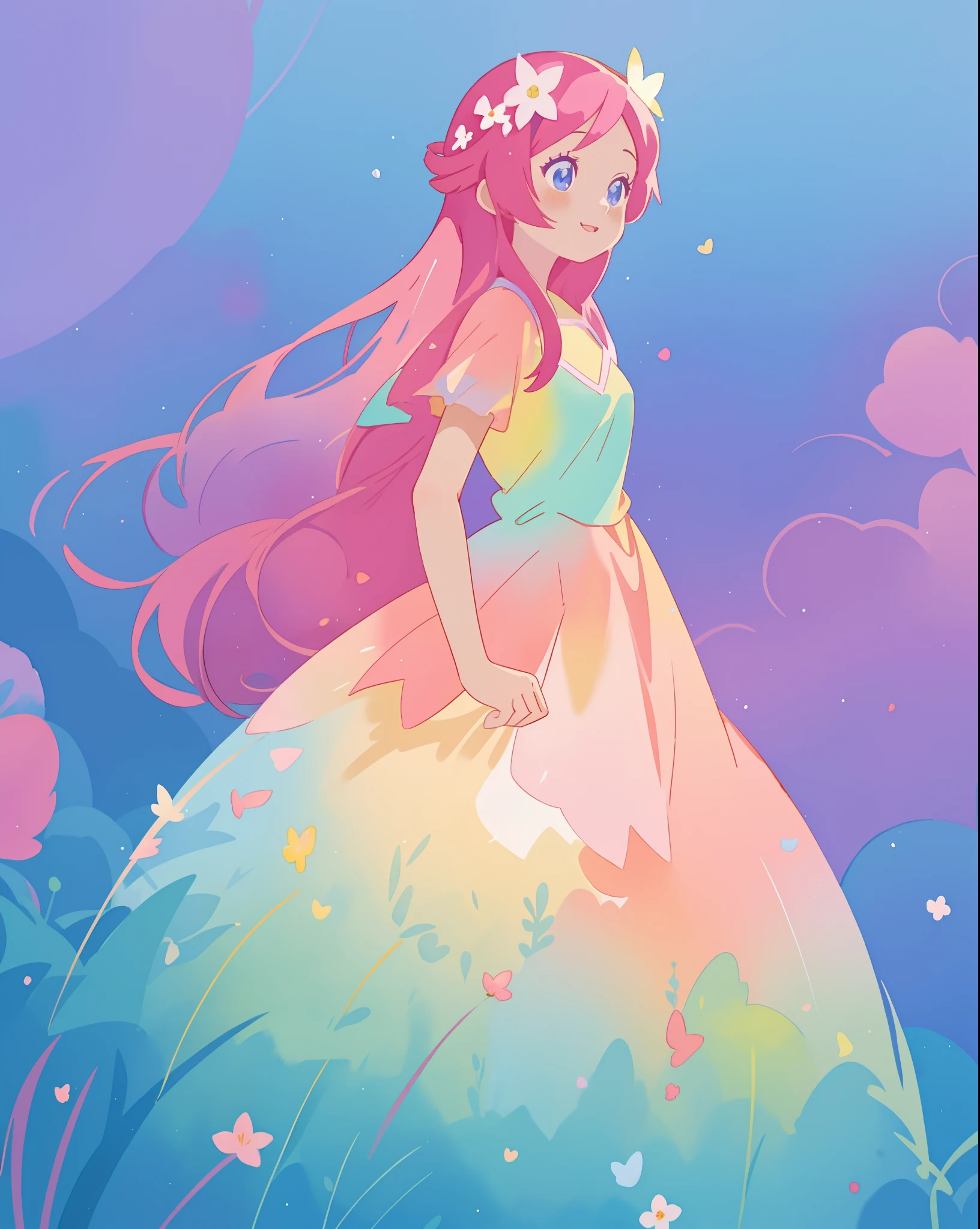 beautiful girl in colorful gradient puffy ballgown, long flowing dark pink hair, colorful fantasia background, sparkling, watercolor illustration, disney art style, beautiful digital illustration, fantasia otherworldly landscape plants flowers, beautiful, masterpiece, best quality, anime disney style