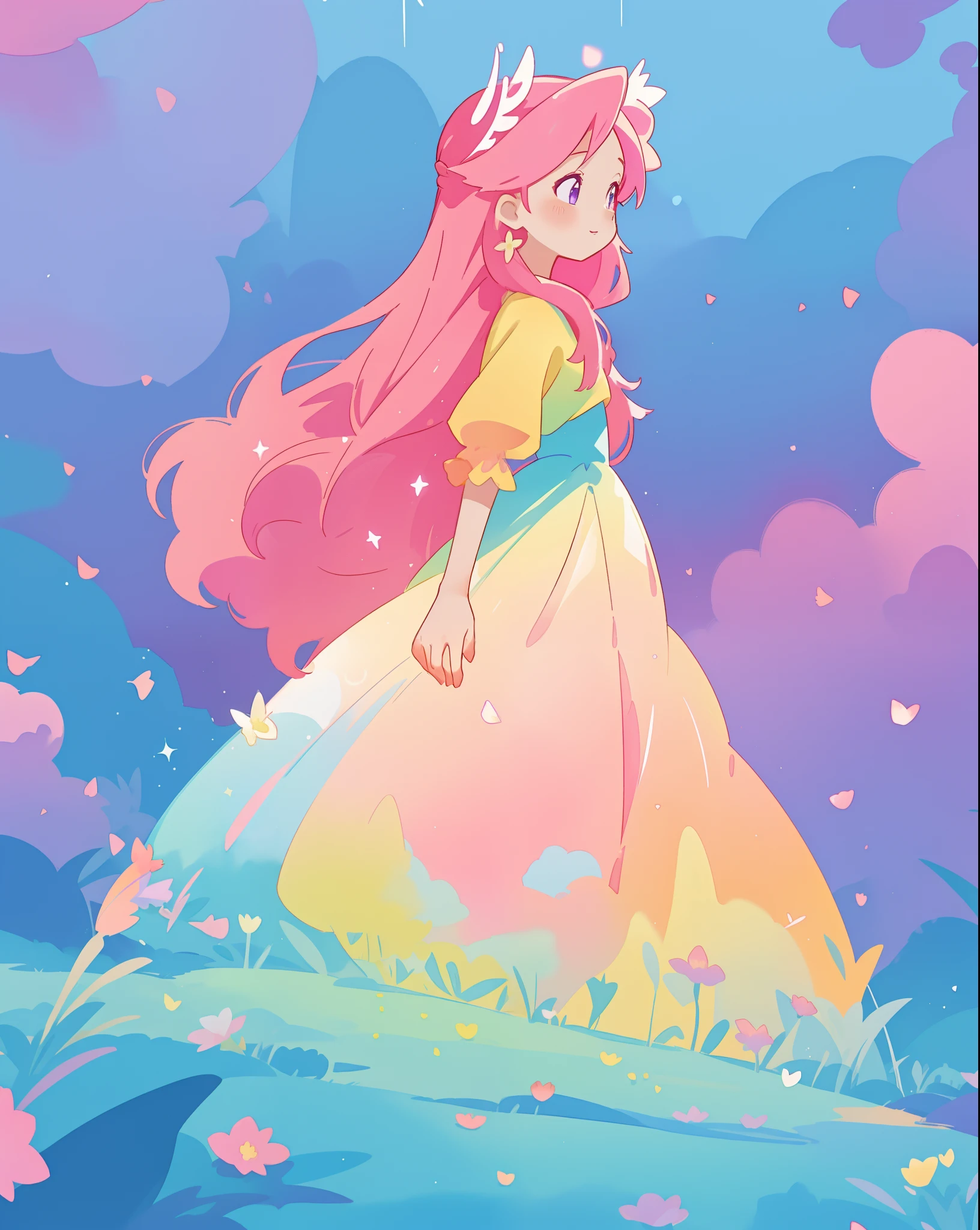 beautiful girl in colorful gradient puffy ballgown, long flowing dark pink hair, colorful fantasia background, sparkling, watercolor illustration, disney art style, beautiful digital illustration, fantasia otherworldly landscape plants flowers, beautiful, masterpiece, best quality, anime disney style