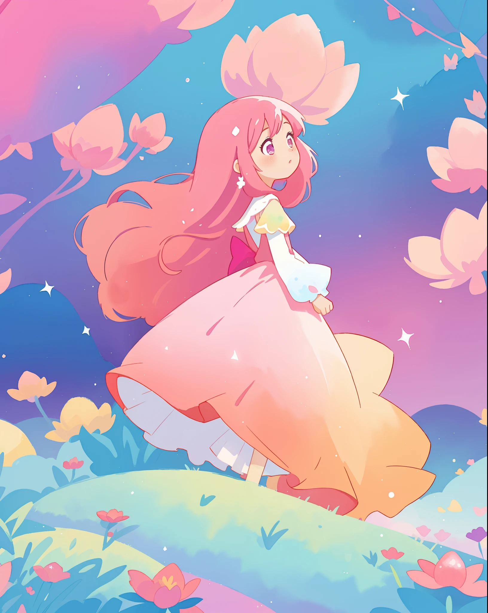 beautiful girl in colorful gradient puffy ballgown, long flowing dark pink hair, colorful fantasia background, sparkling, watercolor illustration, disney art style, beautiful digital illustration, fantasia otherworldly landscape plants flowers, beautiful, masterpiece, best quality, anime disney style