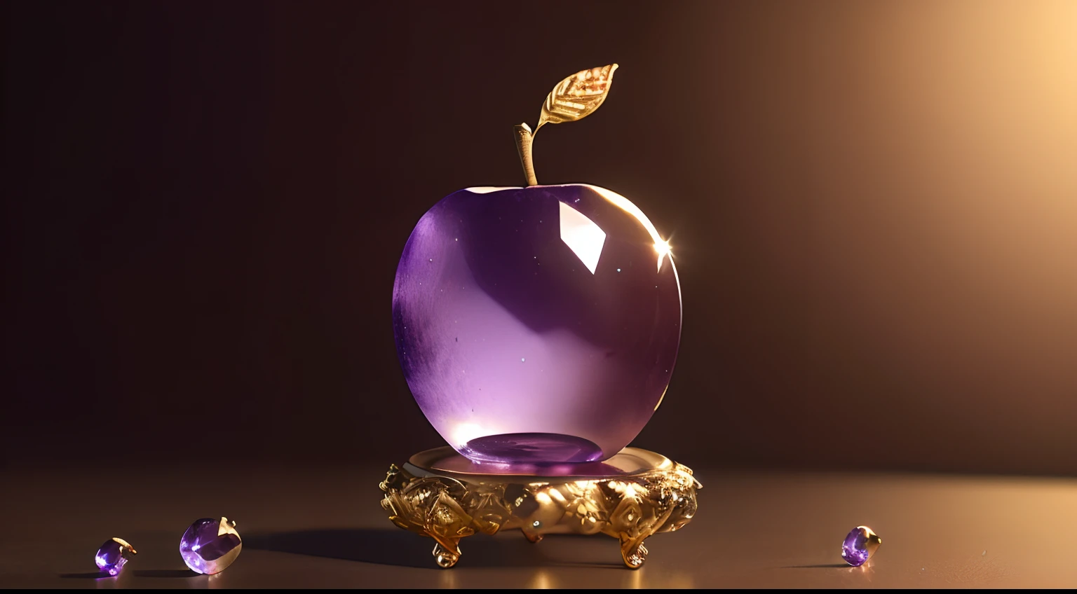 Purple apple with gold leaf, sitting on top a table, Magic Fruit. Octane Render, Uneven glass apple in the dark, Golden Apple, Stunning 8k graphics, The Art of Resin, embedded with gemstones, Miniature product photo, 8k high quality detailed art, purple magic, Made of liquid purple metal, Carved from sapphire stone, highly detailed 4k digital art