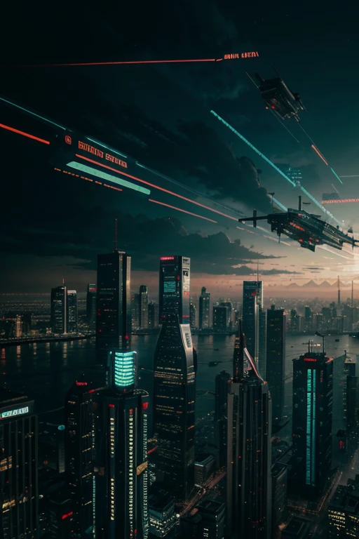 a big city in cyberpunk theme with long skylines and flying cars