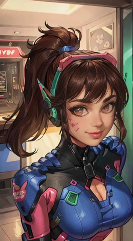 Dva, brown hair, brown eyes,  facial mark,   ponytail, 
bodysuit,  headphones, looking at viewer,  skin tight,  cleavage, 
upper body, standing,  from below, 
arcade, indoors,  neon lights,  smile, 
(insanely detailed, beautiful detailed face,beautiful detailed eyes, masterpiece, best quality),solo,