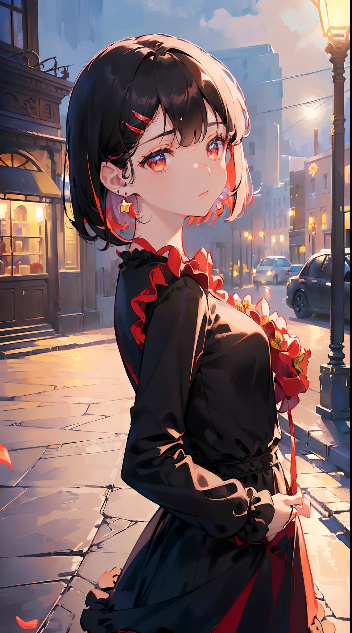 ((((carrying flower on back,))))((hands in pockets,))(Masterpiece illustration,Beautiful and aesthetic:1.2,aim to viewers,from below), Best quality,Top quality, Epic quality,((((streets,valley,outdoor,))))(moonlight,moon glare, god light,at night,))Neat face,underage,mature,Beautiful detailed hair，black hair，hyper HD, retinas, Textured skin, A high resolution, 16k ，((hairclip,steep bangs,sidelocks,short hair,Large bow on hair)),Detailed face, 1JK, lady,Solo, Perfect face, Very amazing girl,((off shoulder,long sleeves,red streaked black t-shirt,frills,short dress,ruby rings,star earrings)),rim-light