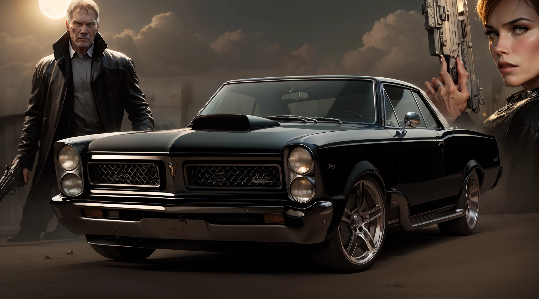 um imponente, Pontiac GTO 1965 classic black in the foreground, behind a close-up of a gangster Harrison Ford armed with a pistol and a beautiful gangster Angelina Jollie holding a pistol and the sun and buildings of a street in the USA