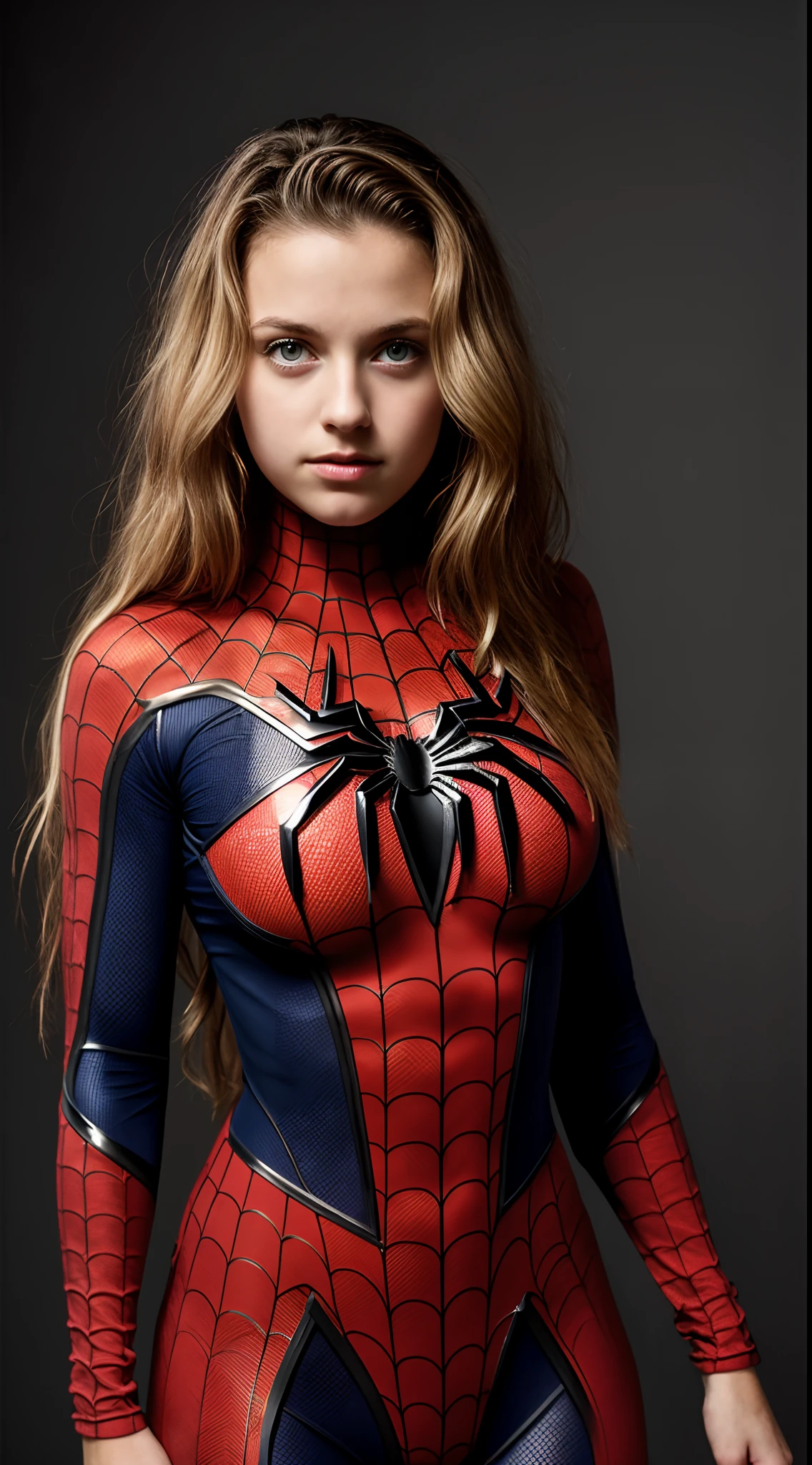 16 year old pre-teen, European, blonde, small breasts, big eyes, close-up on breasts, long legs, Spider-man suit, tiny skirt, ray tracing, HDR