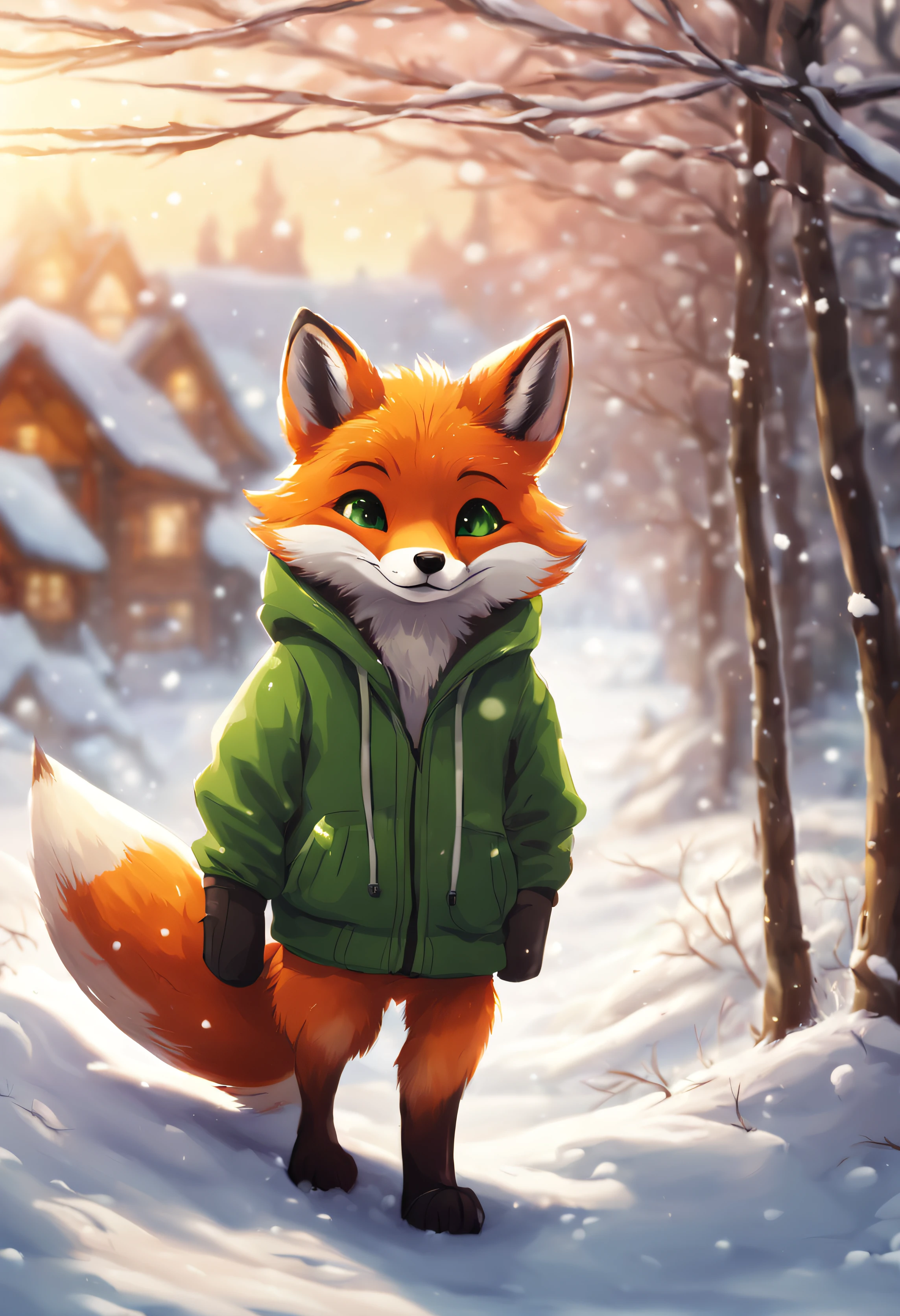 A cute little fox with green eyes and a green hoodie. The picture looks like the work of the Makoto Shinkai. A cute fox is walking on a snowy road. fox is looking at the sky on a winter willage. the morning landscape. Fox is far in the picture. Fox is small, lovely, cute and happy. Fox is smiling. Fox is small, high quality, cute and lovely image, high details, 8k image, fox have a green hoodie cinematic image, winter, snow, fox have a red beanie, christmas village, fox is wearing headphones, foxes eyes are closed, christmas, the fox lies in the snow (best quality), green eyes