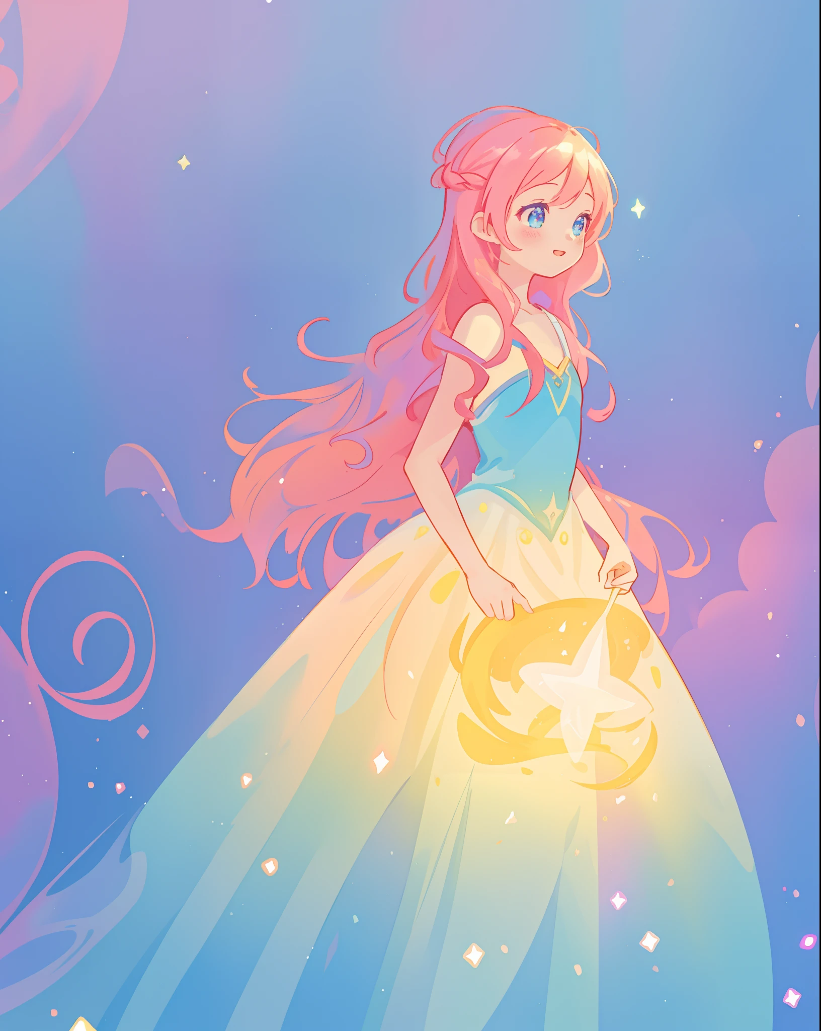 beautiful girl in sparkling gradient ballgown, long wavy peach pink hair, vibrant pastel colors, (colorful), colorful watercolor background, ethereal, magical lights, sparkling liquid light, inspired by Glen Keane, inspired by Lois van Baarle, disney art style, by Lois van Baarle, glowing aura around her, by Glen Keane, jen bartel, glowing lights! digital painting, flowing glowing hair, glowing flowing hair, beautiful digital illustration, fantasia background, whimsical, magical, fantasy, beautiful face, ((masterpiece, best quality)), intricate details, highly detailed, sharp focus, 8k resolution, sparkling detailed eyes, liquid watercolor