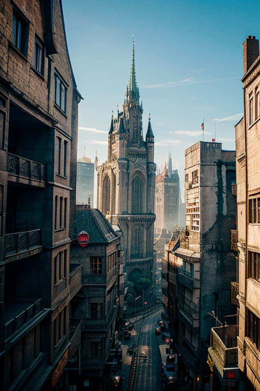 a city that is mix of medieval and a cyberpunk with castles and skylines