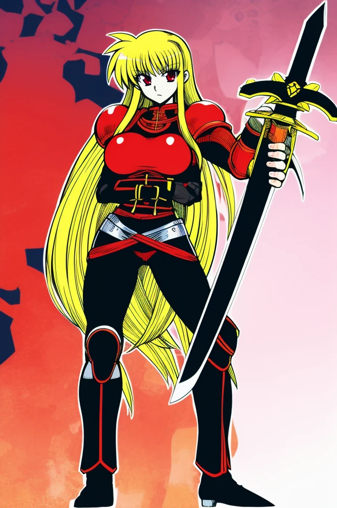 fate testarossa,magic blade, mahou shoujo lyrical nanoha, full body, large breasts, medieval, blonde hair, red eyes black clothes, warrior, pants, medieval clothing, medieval fantasy, holding up blade,smile