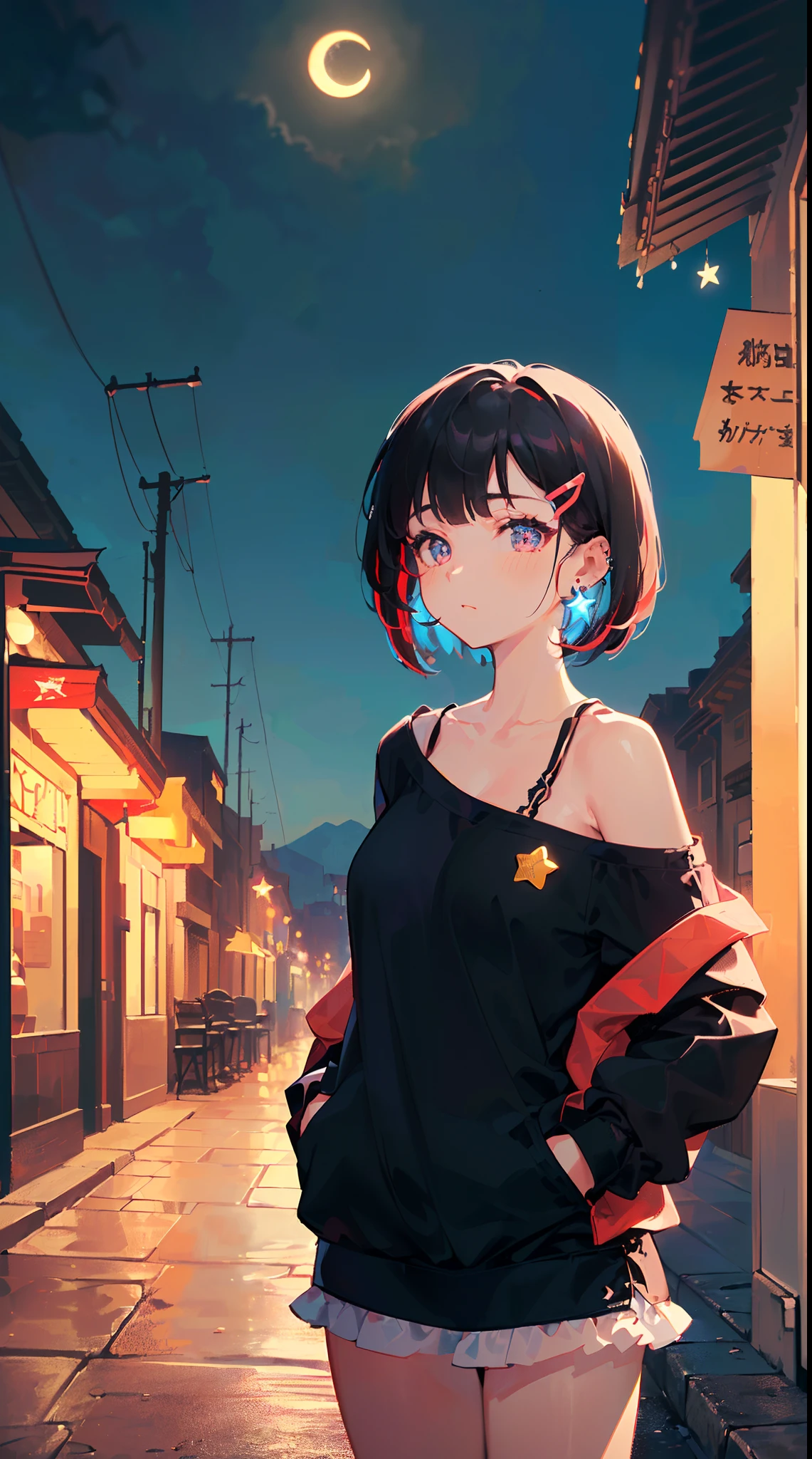 ((((carrying guitar on back,))))((hands in pockets,))(Masterpiece illustration,Beautiful and aesthetic:1.2,aim to viewers,from below), Best quality,Top quality, Epic quality,((((streets,valley,outdoor,))))(moonlight,moon glare, god light,at night,))Neat face,underage,mature,Beautiful detailed hair，black hair，hyper HD, retinas, Textured skin, A high resolution, 16k ，((hairclip,steep bangs,sidelocks,short hair,Large bow on hair)),Detailed face, 1JK, lady,Solo, Perfect face, Very amazing girl,((off shoulder,long sleeves,red streaked black t-shirt,frills,short dress,ruby rings,star earrings)),rim-light