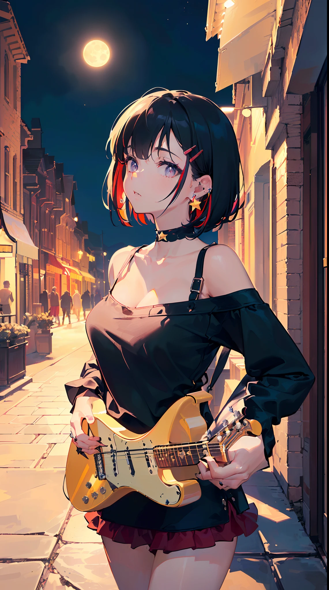 ((((carrying guitar on back,))))((hands in pockets,))(Masterpiece illustration,Beautiful and aesthetic:1.2,aim to viewers,from below), Best quality,Top quality, Epic quality,((((streets,valley,outdoor,))))(moonlight,moon glare, god light,at night,))Neat face,underage,mature,Beautiful detailed hair,black hair,hyper HD, retinas, Textured skin, A high resolution, 16k ,((hairclip,steep bangs,sidelocks,short hair,Large bow on hair)),Detailed face, 1JK, lady,Solo, Perfect face, Very amazing girl,((off shoulder,long sleeves,red streaked black t-shirt,frills,short dress,ruby rings,star earrings)),rim-light