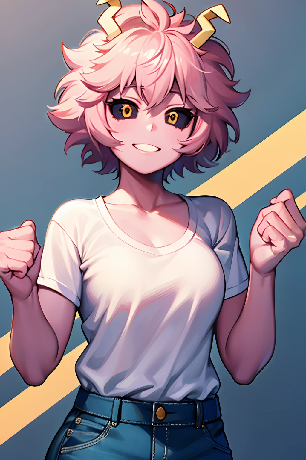 mina ashido, 1girl, solo, breasts, short hair, medium breasts, shirt, white background, collarbone, yellow eyes, upper body, pink hair, short sleeves, horns, teeth, colored skin, blue shirtteeth, happy, colored sclera, emphasis lines, black sclera, pink skin