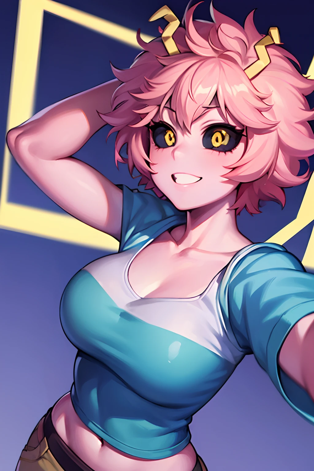 mina ashido, 1girl, solo, breasts, short hair, medium breasts, shirt, white background, collarbone, yellow eyes, upper body, pink hair, short sleeves, horns, teeth, colored skin, blue shirtteeth, happy, colored sclera, emphasis lines, black sclera, pink skin