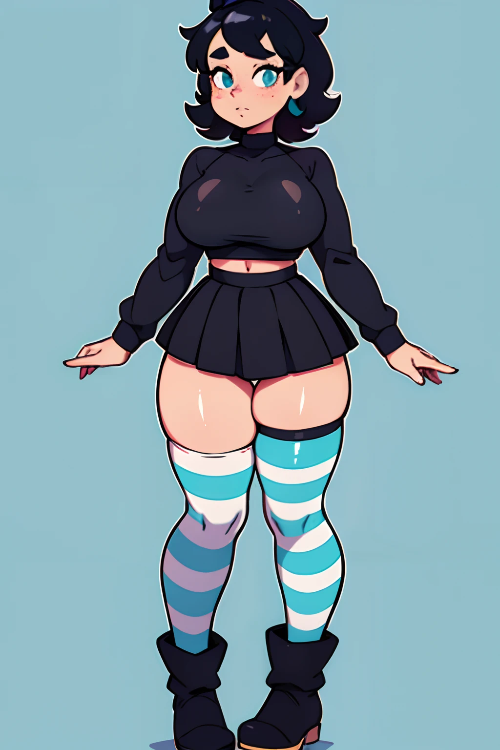 Girl, full body picture, thick thighs, hourglass figure, Short curly half baby blue and half black hair, has heterochromia, has vitiligo, freckles, septum piercing, medium tits, wearing a long sleeve crop top and a pleated skirt as well as striped thigh high socks