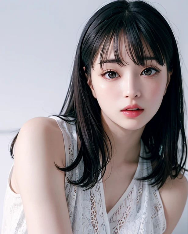 Top Quality, Photorealistic, 8K, High Definition, 1 Girl, Woman, (Portrait: 0.6), Gorgeous, (White Background, Upper Body, Big: 1.65)), (Revealing Off-Shoulder Lace Lingerie))), (Short Wavy Hair, Parted Bangs: 1.6), Watch Viewer, (1 Girl's EyesViewer: 1.6), Photorealistic, ( Bokeh), (floating hair, lips, open mouth: 1.43), gorgeous, pureerosface_v1: 1,