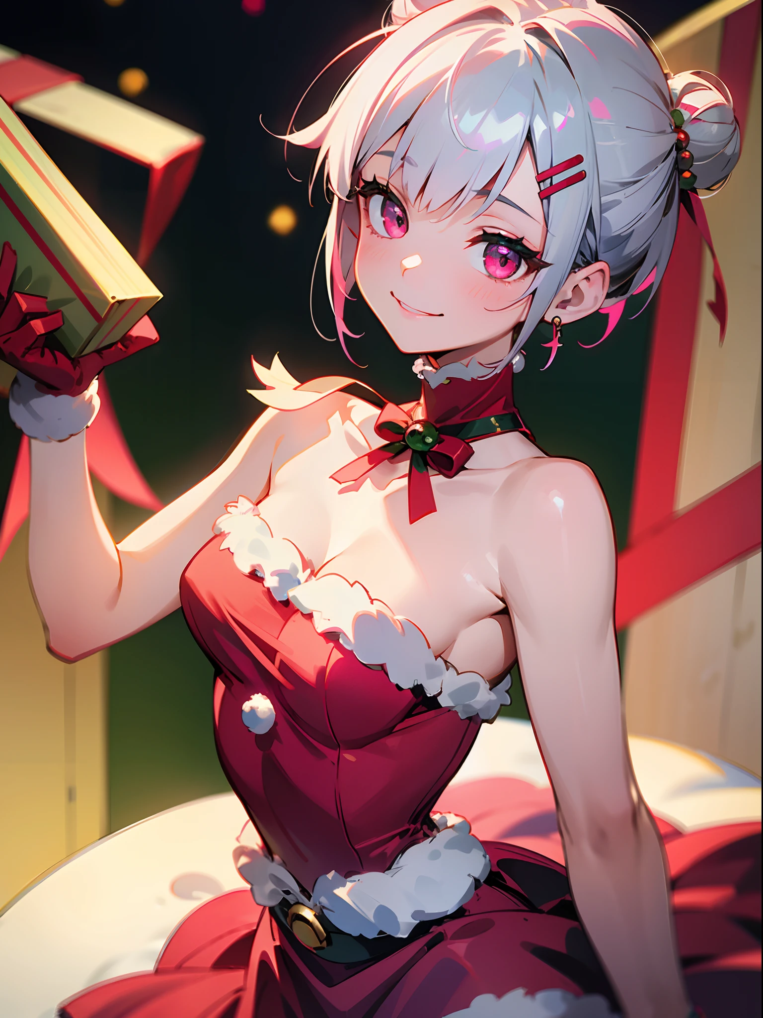 1girl in、Short hair with silver bob styled in a bun with hair clip, Pink eyes、small tits、A smile、Laugh、Christmas、Dressed in Santa Claus costume、Colors based on red and green