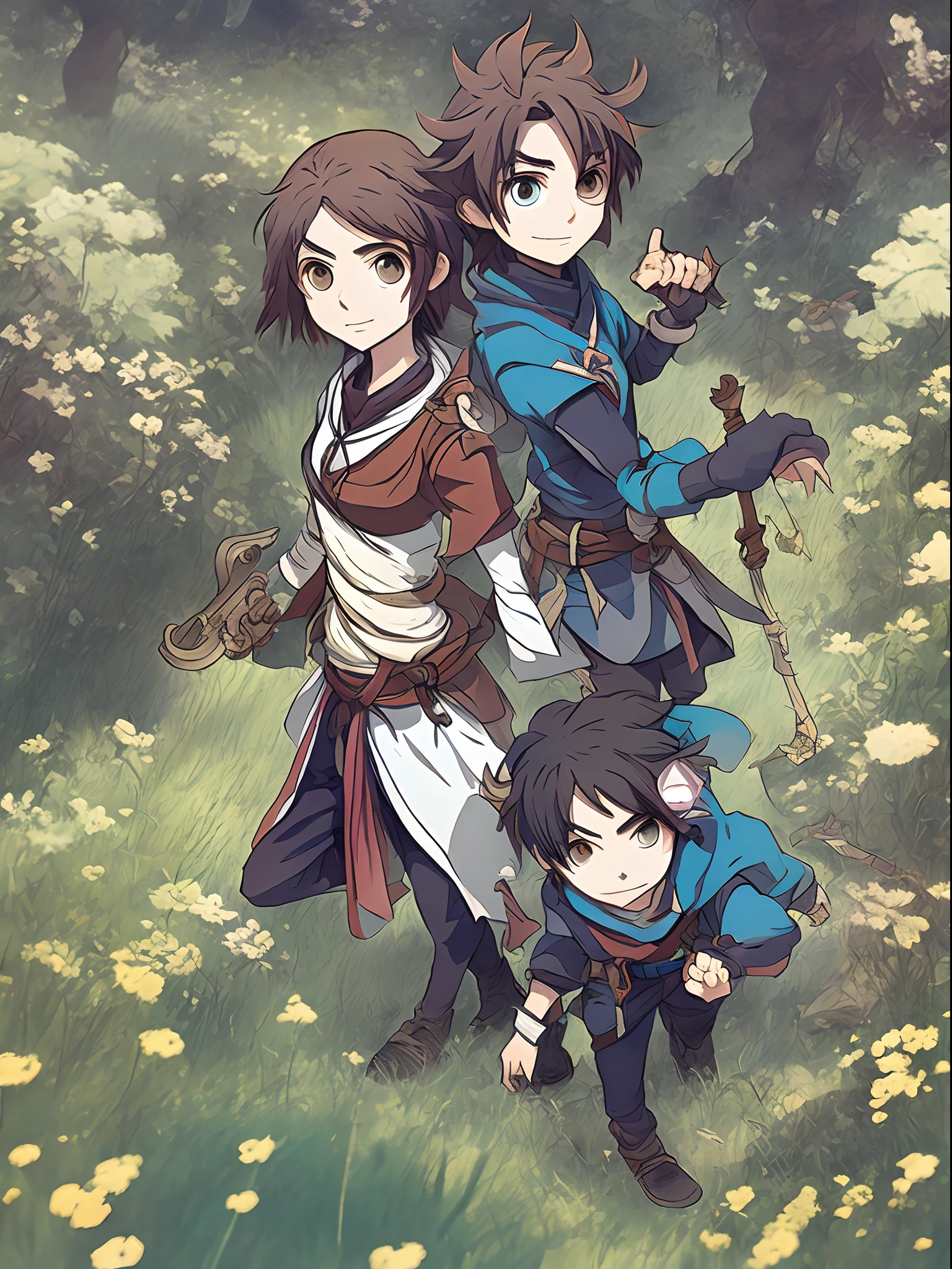 Character Desing, male and female, equipe de aventureiros, adventure in the florest, estilo genshin impact, estilo honkai impact, RPG, colorido, studio ghibli