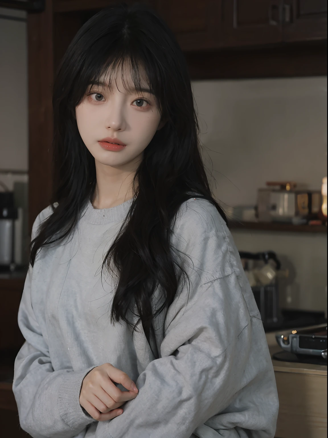 best qualtiy, 超高分辨率, (realisticlying:1.4), A woman with long black hair and a gray sweater, 中景 the scene is, she has red hair,By bangs, young lovely Korean faces, wan adorable korean face, ulzzangs, Shin Jinying, beautiful aesthetic face, Korean face features, Played by Liu Lee Ji Eun ,Beautiful realistic face