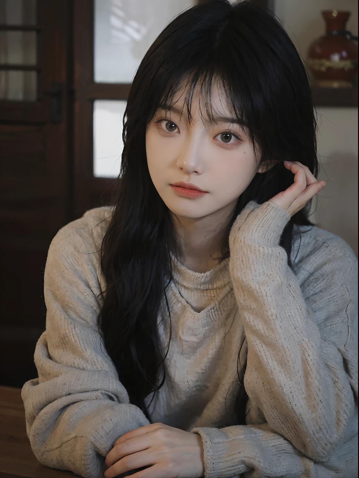 best qualtiy, 超高分辨率, (realisticlying:1.4), A woman with long black hair and a gray sweater, 中景 the scene is, she has red hair,By bangs, young lovely Korean faces, wan adorable korean face, ulzzangs, Shin Jinying, beautiful aesthetic face, Korean face features, Played by Liu Lee Ji Eun ,Beautiful realistic face