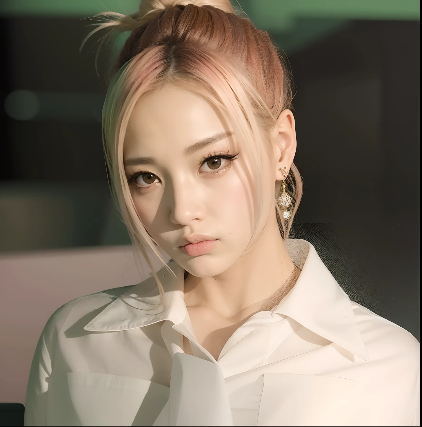 Mujer de pelo rosado y camisa blanca, Retrato de Jossi de Blackpink, Parque Roseanne de Blackpink, Jossi de Blackpink, Sun Yunjoo, Cl, Jinyoung Shin, KDA, taken in the early 2020s, Heonhwa Choe, portrait of female Korean idol, JIA, Parque Ji-min, Retrato de Kpop Idol