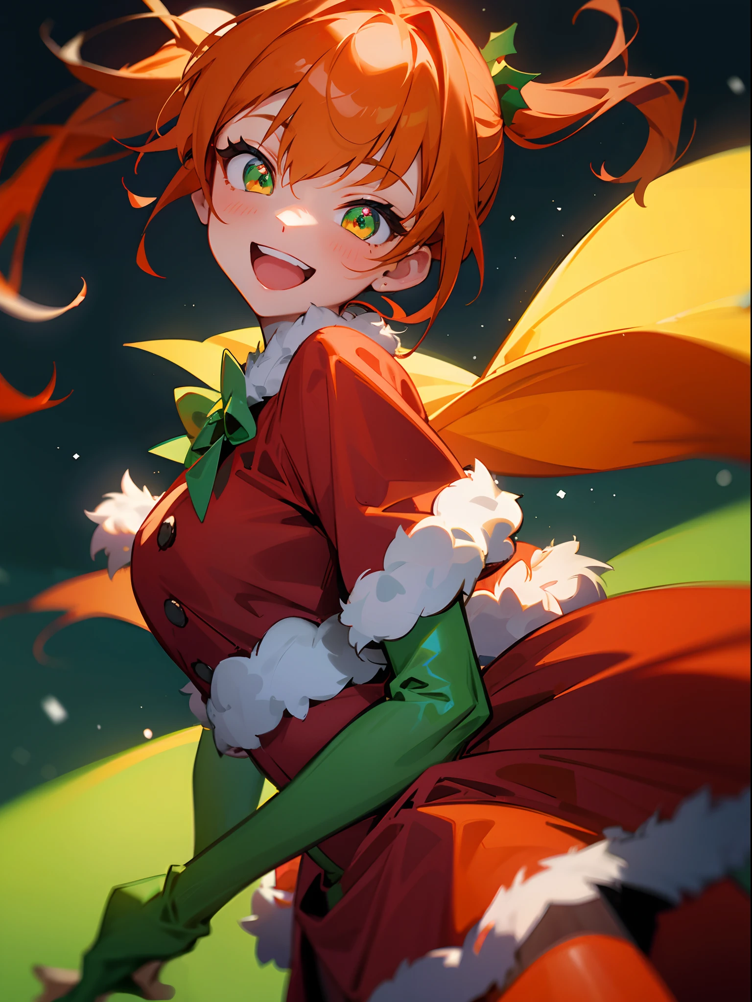 1girl in、Orange hair、Glowing green eyes、Side Ponytail、A smile、Laugh、Christmas、Dressed in Santa Claus costume、Colors based on red and green