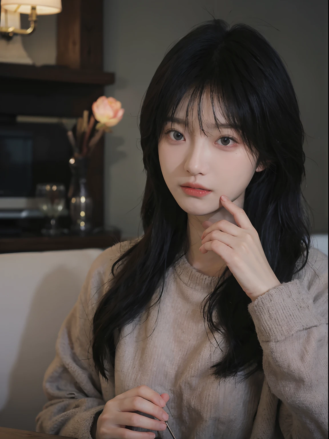 best qualtiy， 超高分辨率， （realisticlying：1.4）， A woman with long black hair and a gray sweater, 中景 the scene is, she has red hair，By bangs, young lovely Korean faces, wan adorable korean face, ulzzangs, Shin Jinying, beautiful aesthetic face, Korean face features, Played by Liu Lee Ji Eun ，Beautiful realistic face