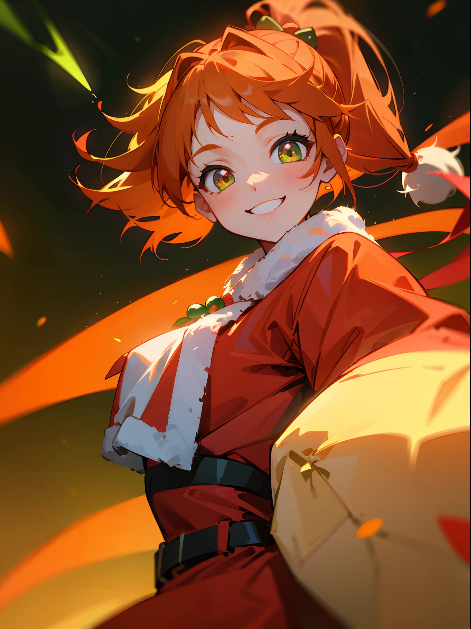 1girl in、Orange hair、Glowing green eyes、Side Ponytail、A smile、Laugh、Christmas、Dressed in Santa Claus costume、Colors based on red and green