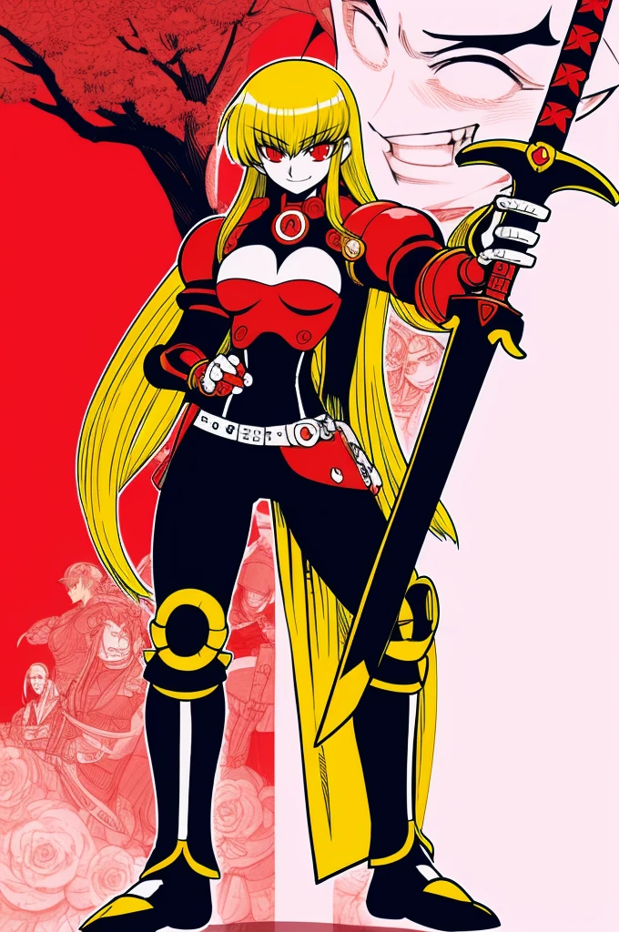 nime character with sword and sword in hand standing in front of a red background, inspired by Li Chevalier, guilty gear art style, black magician girl, she is holding a sword, knights of zodiac girl, inspired by Hiromu Arakawa, armor girl, zero two, elf princess knight, anime style like fate/stay night, the queen of blades, smile,