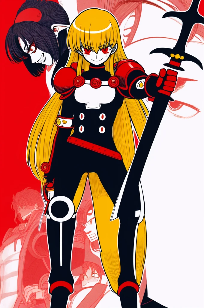 nime character with sword and sword in hand standing in front of a red background, inspired by Li Chevalier, guilty gear art style, black magician girl, she is holding a sword, knights of zodiac girl, inspired by Hiromu Arakawa, armor girl, zero two, elf princess knight, anime style like fate/stay night, the queen of blades, smile,