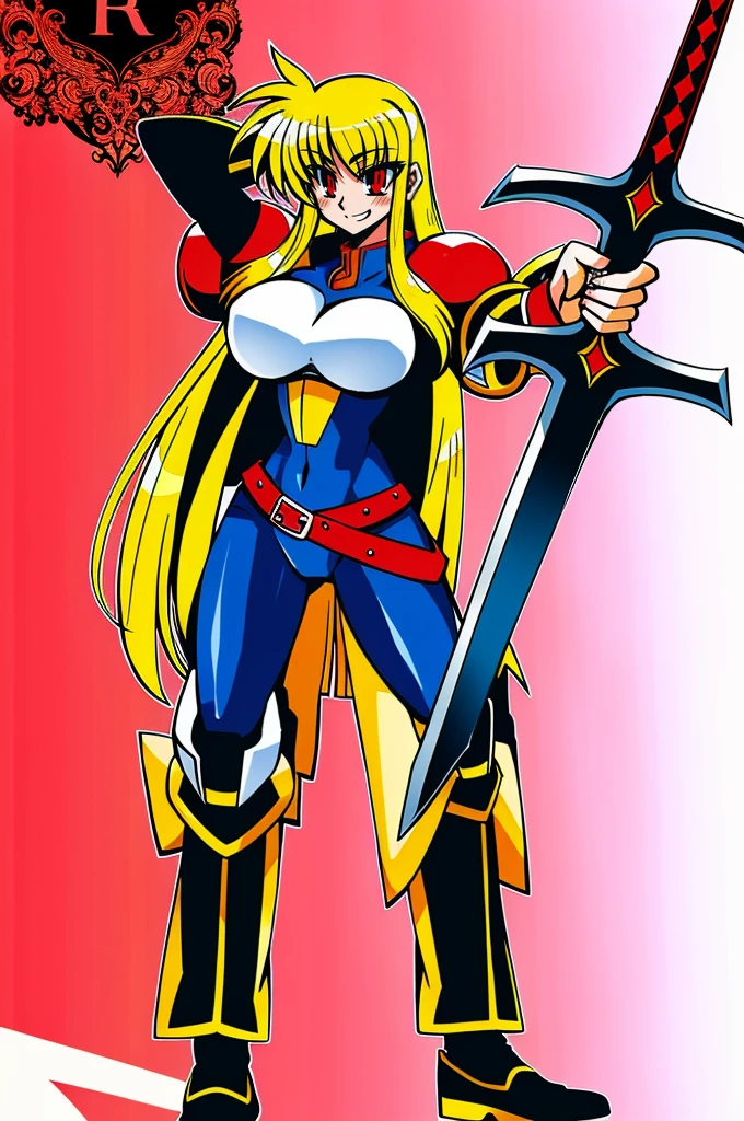 fate testarossa,magic blade, mahou shoujo lyrical nanoha, full body, large breasts, medieval, blonde hair, red eyes black clothes, warrior, pants, medieval clothing, medieval fantasy, holding up blade,smile