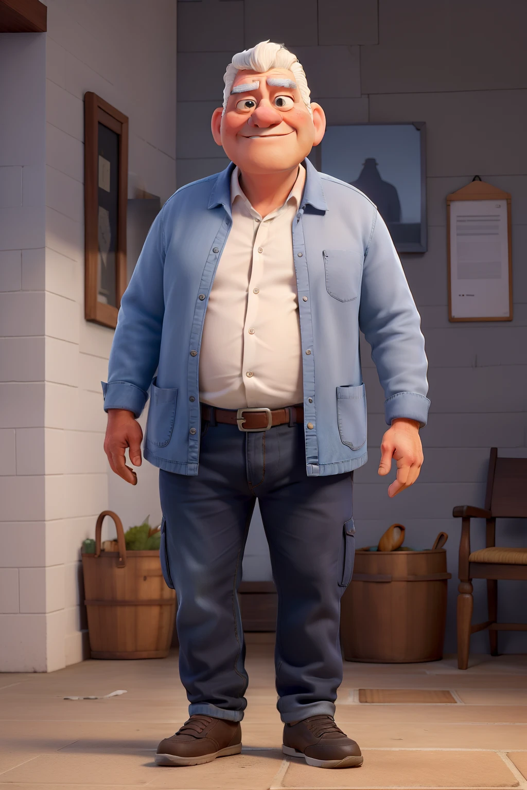 Creating a series of high-quality portraits of the character Francisco Arruda is a, homem gordo com uma barriga grande, de aproximadamente 65 anos, with white skin and white hair and droopy look that add a maturity to her look. He wears a navy blue collared shirt that accentuates his solid presence, paired with a pair of jeans that complements the casual and practical style. Their black sneakers add a touch of comfort to their appearance. As a Food Distributor Owner, Francisco irradia uma aura calorosa e gentil, always showing sympathy and consideration in their gestures and interactions with the people around them.