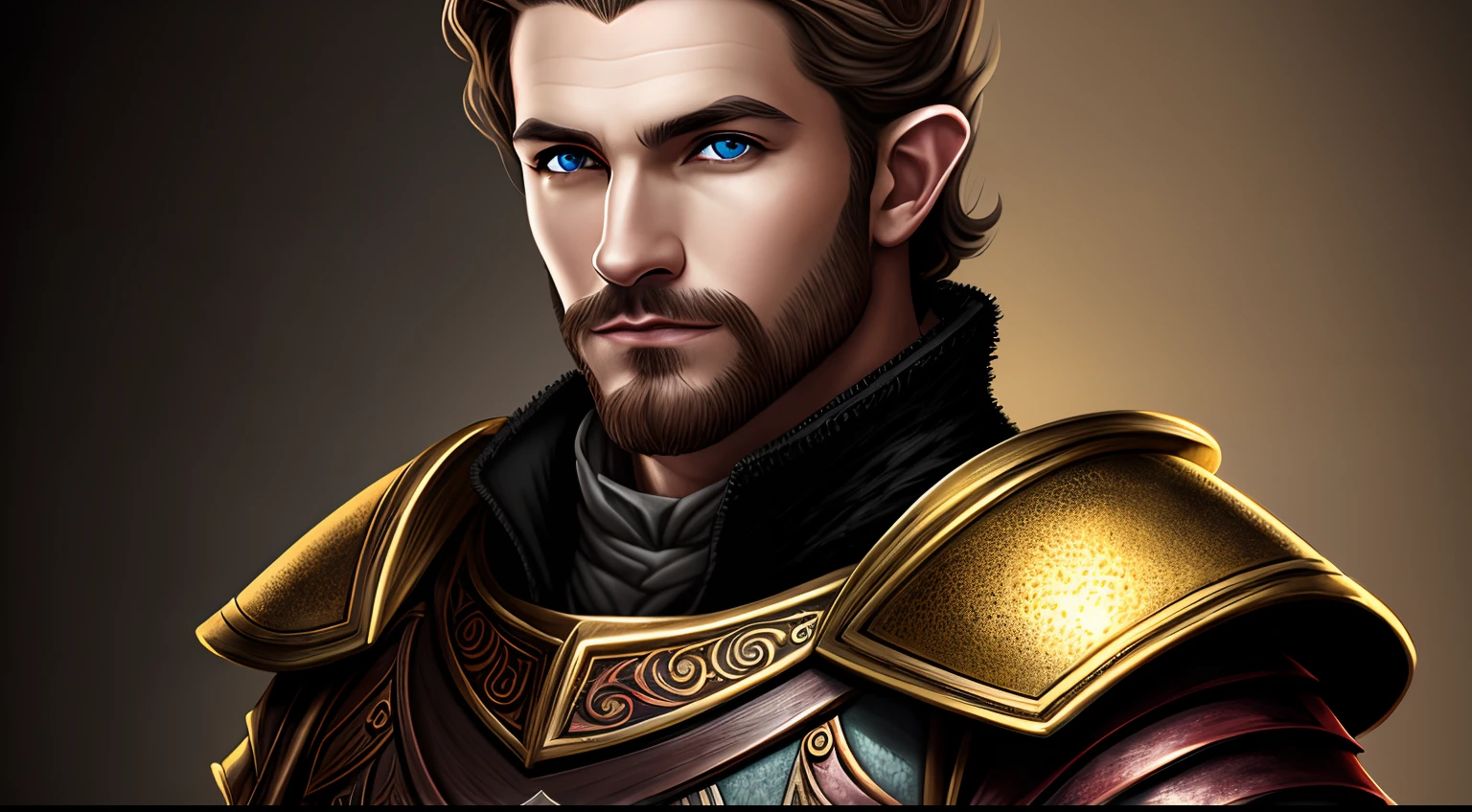 A man in golden armor with blue eyes and a crown, portrait of fin wildcloak, fantasy character portrait, Portrait of the DND character, male paladin, a portrait of a male elf, inspired by Rajmund Kanelba, detailed character portrait, Портрет персонажа Baldur's Gate, fantasy concept art portrait, Detailed matte fantasy portrait, Image of a male clergyman
