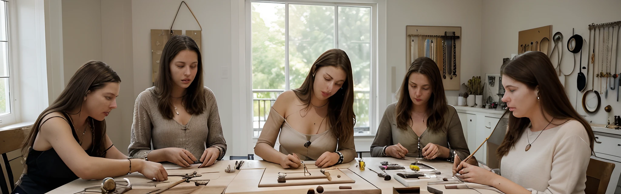 Jewelry-making workshop,A young European and American woman,Brown hair long,Sit at a table and make jewelry,The rooms have large floor-to-ceiling windows,The interior of the house is stylish and minimalist,and the sun was shining brightly,Arrange the tools for making jewelry,Painting tools,Jewelry making tools,Jewelry accessories,Finished jewelry,The woman's face is ultra-high-definition