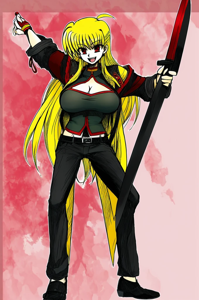 fate testarossa,magic blade, mahou shoujo lyrical nanoha, full body, large breasts, medieval, blonde hair, red eyes black clothes, warrior, pants, medieval clothing, medieval fantasy, holding up blade,smile