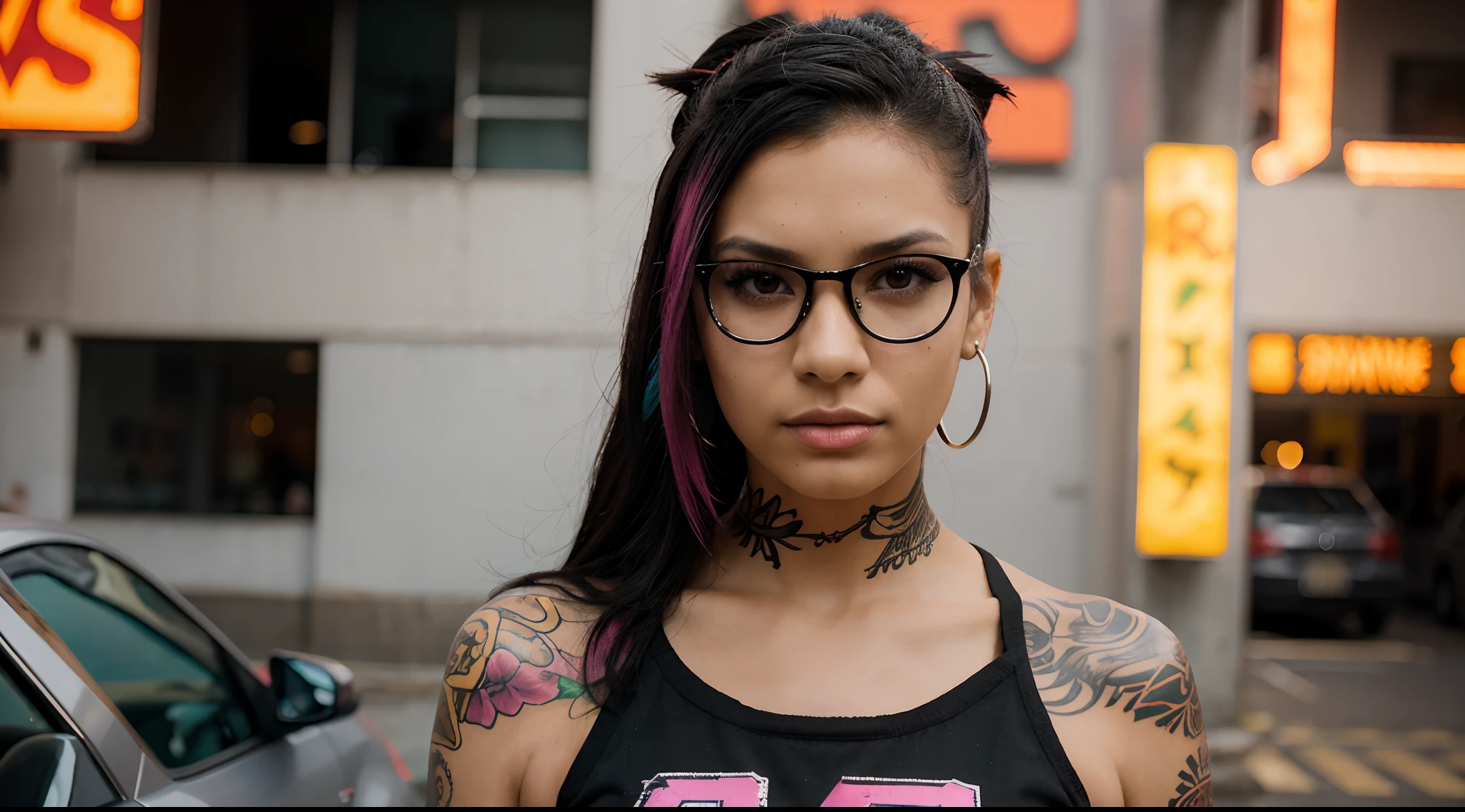 Generate an image of a 25-year-old Brazilian woman with distinct Latino facial features. Focus on realistic skin tones, capturing strong and striking impressions. Enrich the portrayal with vibrant, colorful tribal Chinese tattoos, particularly emphasizing intricate designs. Style her hair in a punk fashion and depict her wearing bold, black t-shirts adorned with neon designs. Place her in an urban environment filled with dynamic street art, murals, and graffiti. Additionally, incorporate piercings and fashionable eyewear to enhance the edgy and modern aesthetic. Ensure the overall composition captures a fusion of Latino heritage, punk style, and individual expression with attention to realistic facial details and vibrant tattoo colors.